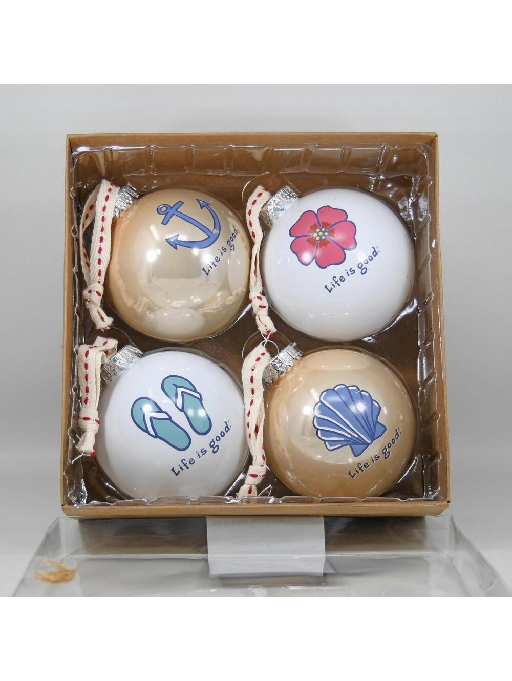 Life is Good Beach Lover Christmas Holiday Glass Ornaments 2021 Set of 4 in Box